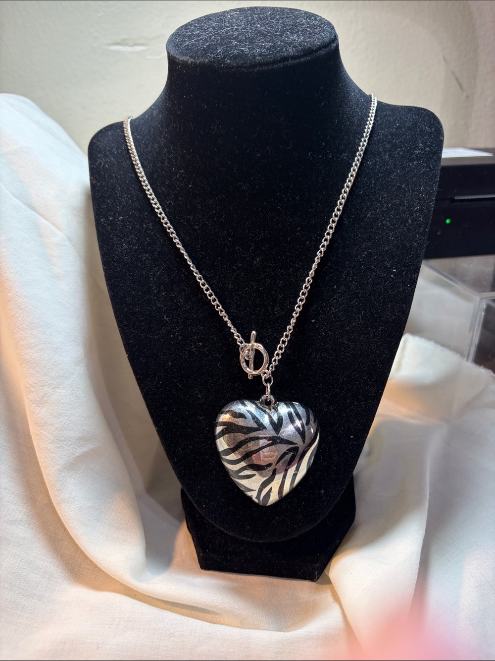 Silver Zebra-Pattern Heart Pendant Necklace
